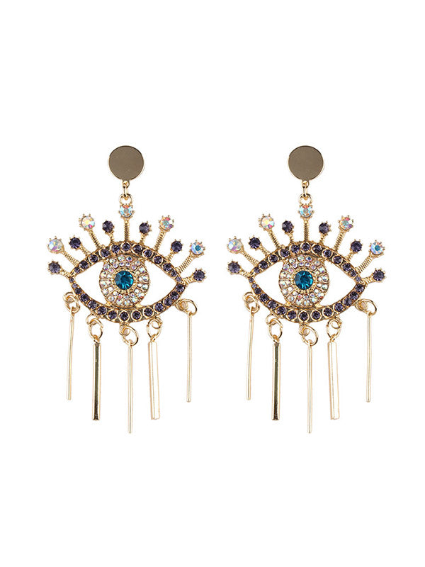 Eye Shape Rhine Stones Tasseled Drop Earrings