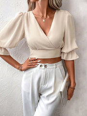 Elasticity Hollow Ruffled Solid Color Tied Half Sleeves Loose V-Neck Blouses&Shirts Tops