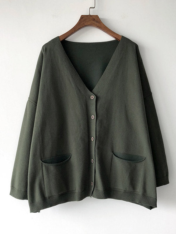 Artistic Retro Solid Color Buttoned V-Neck Long Sleeves Cardigan Top