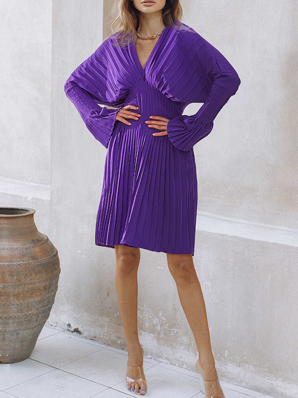Pleated Solid Color Flared Sleeves High Waisted V-Neck Mini Dresses