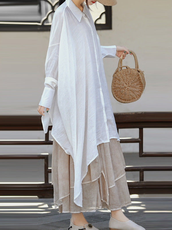 See-Through Solid Color Split-Joint Split-Side Loose Raglan Sleeve Lapel Blouses