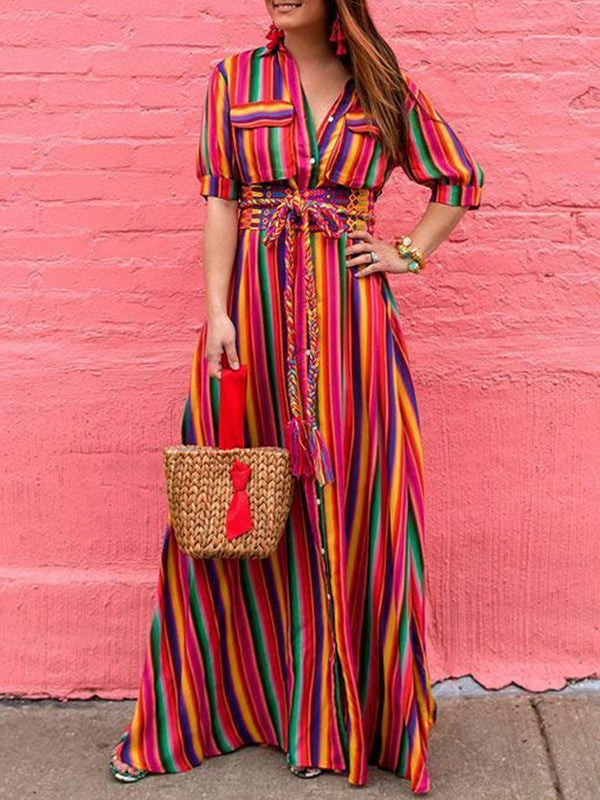 Split-Joint Striped Long Sleeves Loose Lapel Shirt Dress Maxi Dresses