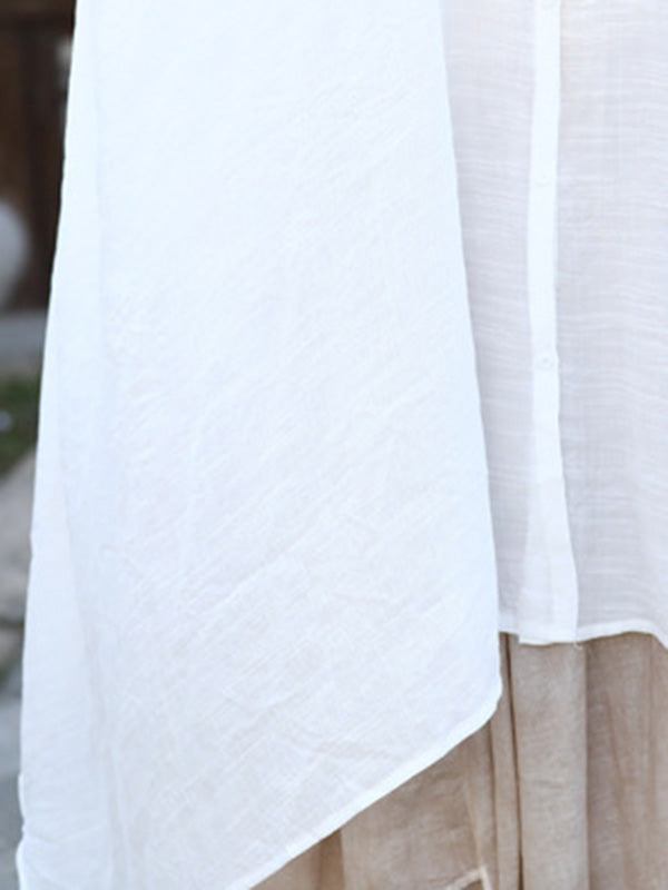 See-Through Solid Color Split-Joint Split-Side Loose Raglan Sleeve Lapel Blouses