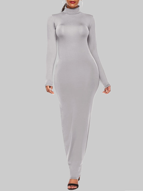 Solid Color Bodycon Long Sleeves High Neck Maxi Dresses