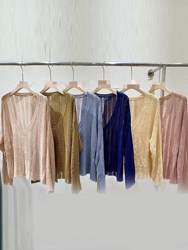 Hollow Solid Color Long Sleeves Loose V-Neck Pullovers