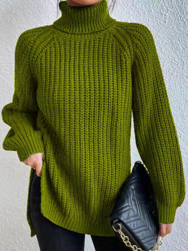 Solid Color Split-side Long Sleeves Loose High Neck Sweater Tops Pullovers