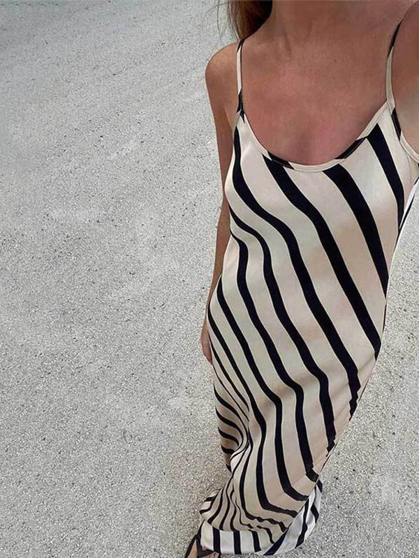 Striped High Waisted Loose Spaghetti-Neck Maxi Dresses
