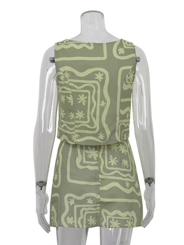 Printed Split-Joint Loose Sleeveless Buttoned Pockets Square-neck Vest Top + Skirts Bottom Two Pieces Set