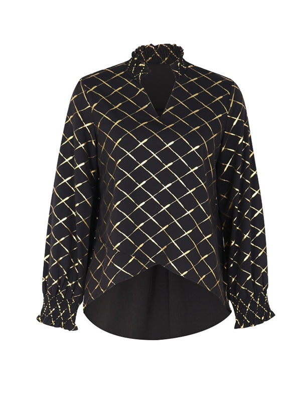 Bronzing Contrast Color High-Low Wrap High-Neck Blouses&Shirts Tops