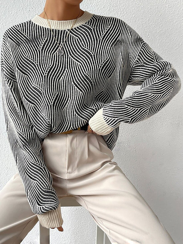 Contrast Color Split-Joint Striped Long Sleeves Loose Round-Neck Sweater Tops Pullovers