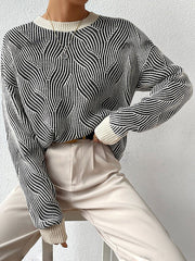 Contrast Color Split-Joint Striped Long Sleeves Loose Round-Neck Sweater Tops Pullovers