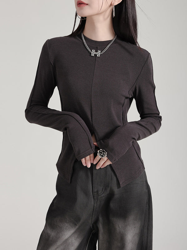 Solid Color Split-front Long Sleeves Skinny Round-neck T-Shirts Tops
