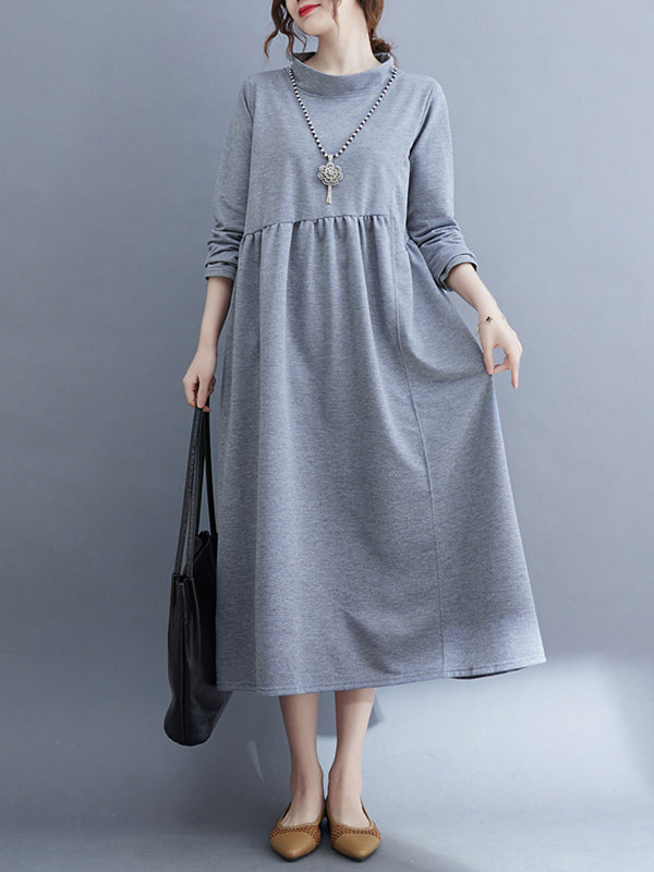 Casual Loose Long Sleeves Solid Color Stand Collar Midi Dresses