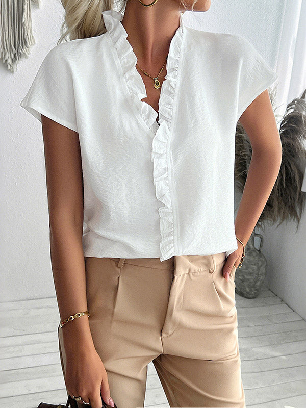 Ruffle Trim Solid Color Loose Short Sleeves V-Neck Blouses&Shirts Tops
