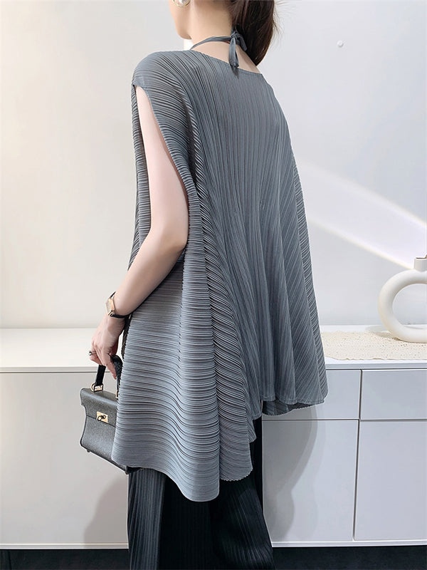 Pleated Solid Color Loose Sleeveless Halter-Neck T-Shirts Tops