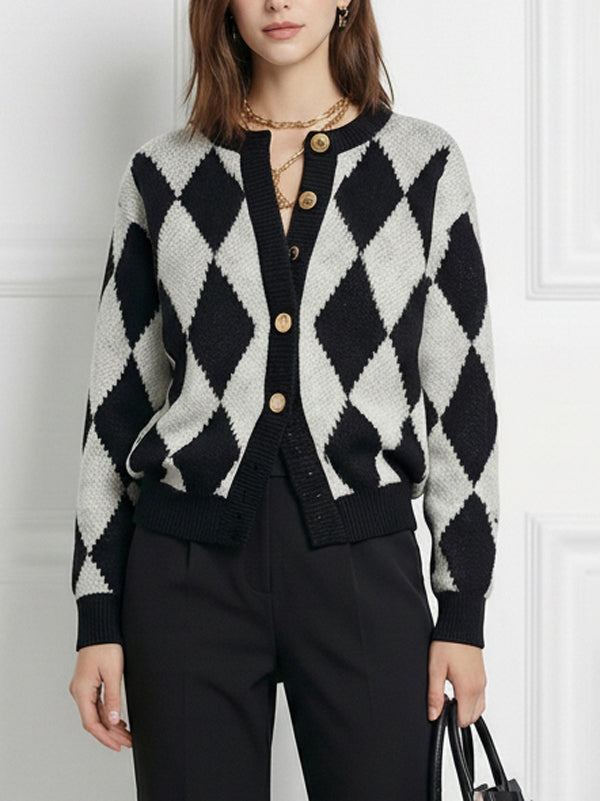 Buttoned Plaid Long Sleeves Round-Neck Cardigan Tops