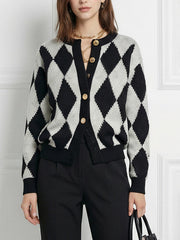 Buttoned Plaid Long Sleeves Round-Neck Cardigan Tops