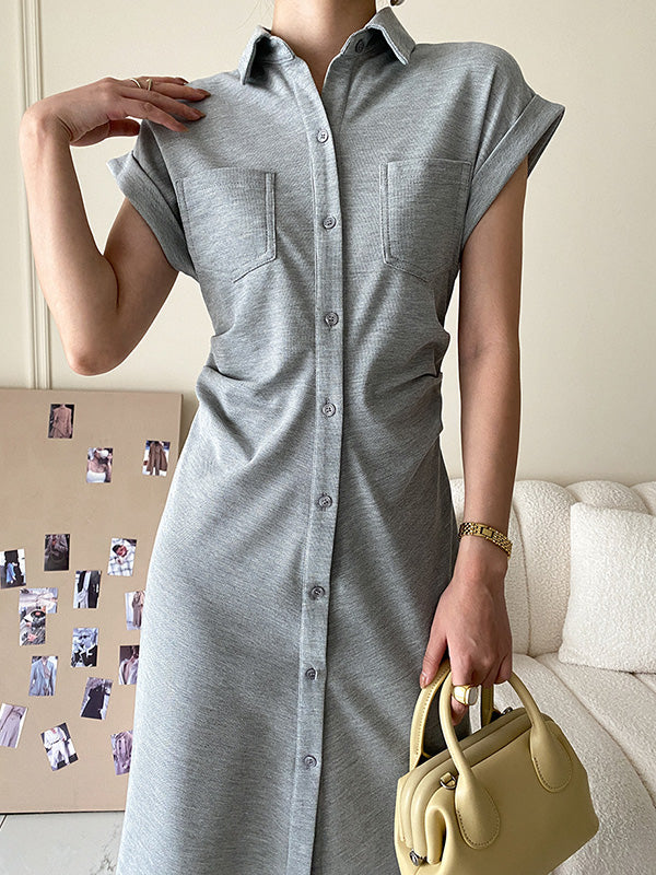 Buttoned Pleated Pockets Solid Color Split-Joint High Waisted Loose Lapel Midi Dresses