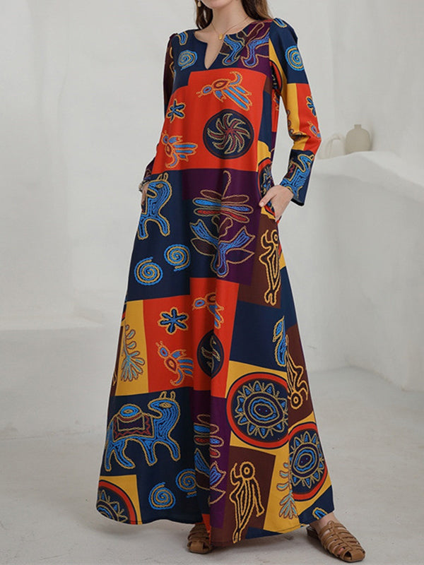 Color-Block Printed Long Sleeves Loose V-Neck Maxi Dresses