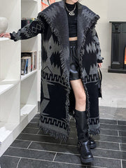 Contrast Color Tasseled Long Sleeves Loose Lapel Cardigan Coats