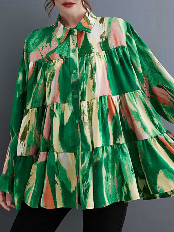 Pleated Printed Split-Joint Long Sleeves Loose Lapel Blouses