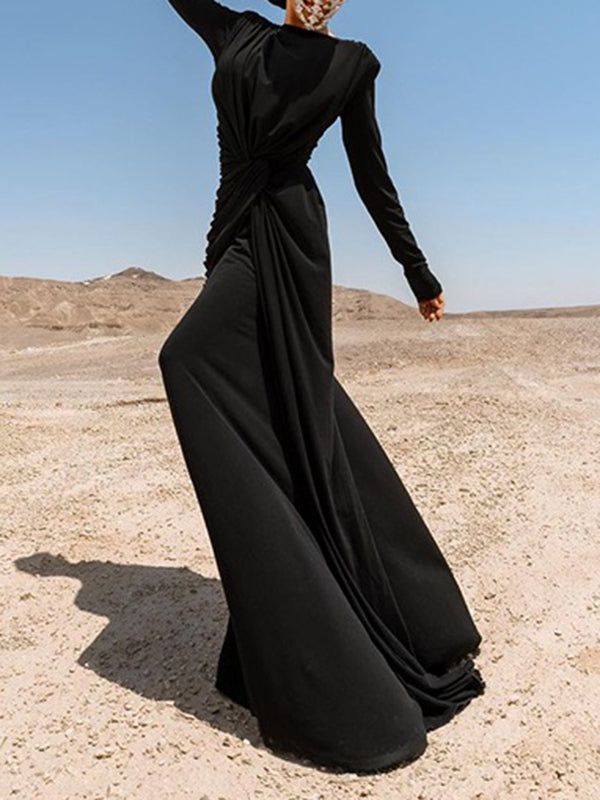 Solid Color Long Sleeves Mermaid Round-neck Maxi Dresses Evening Dresses