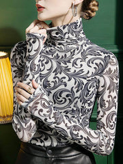 Contrast Color Split-Joint Long Sleeves Skinny High Neck T-Shirts Tops