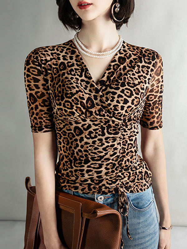 Leopard Pleated Half Sleeves Skinny V-Neck T-Shirts Tops
