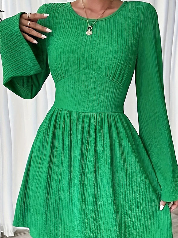 Pleated Solid Color A-Line Flared Sleeves Round-Neck Mini Dresses
