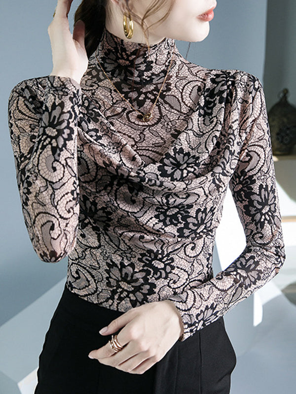 Flower Print Pleated Long Sleeves Mock Neck T-Shirts Tops