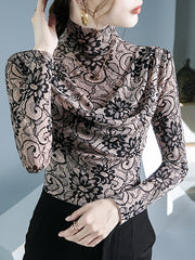 Flower Print Pleated Long Sleeves Mock Neck T-Shirts Tops