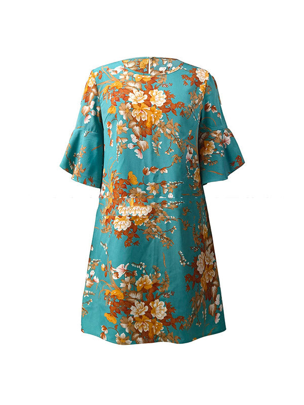 Flower Print Hollow Half Sleeves Loose Round-Neck Mini Dresses