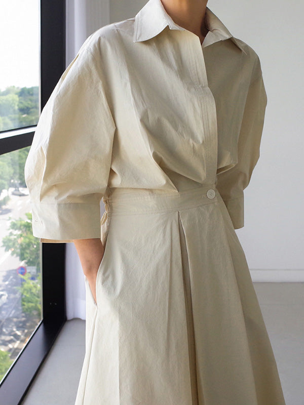 Original Solid Color Lapel Long Sleeves Midi Dress