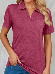 Pockets Solid Color Loose Short Sleeves Lapel T-Shirts Tops