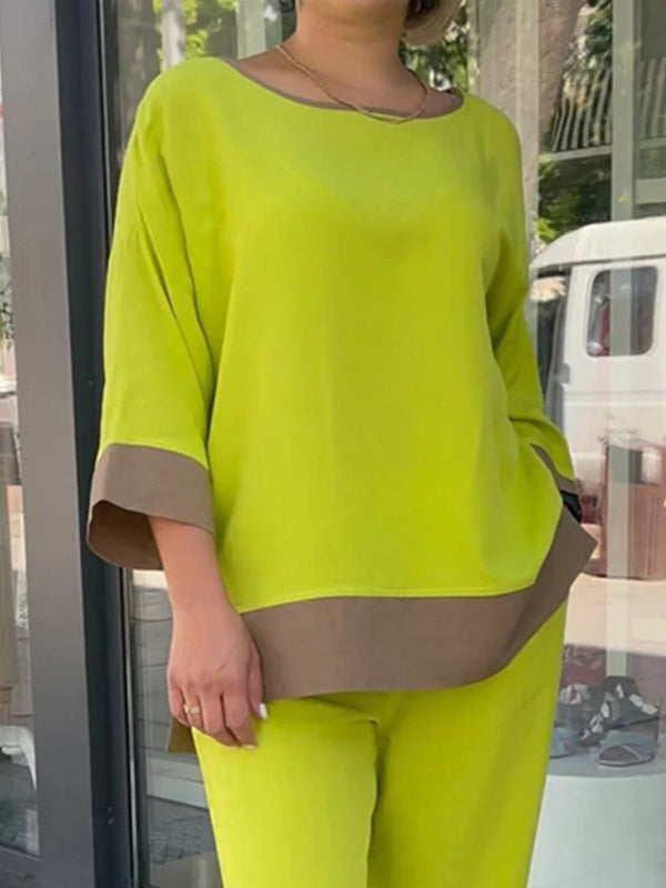 Loose Split-Side Three-Quarter Sleeves Contrast Color Round-Neck Shirts Top + Pants Bottom Two Pieces Set