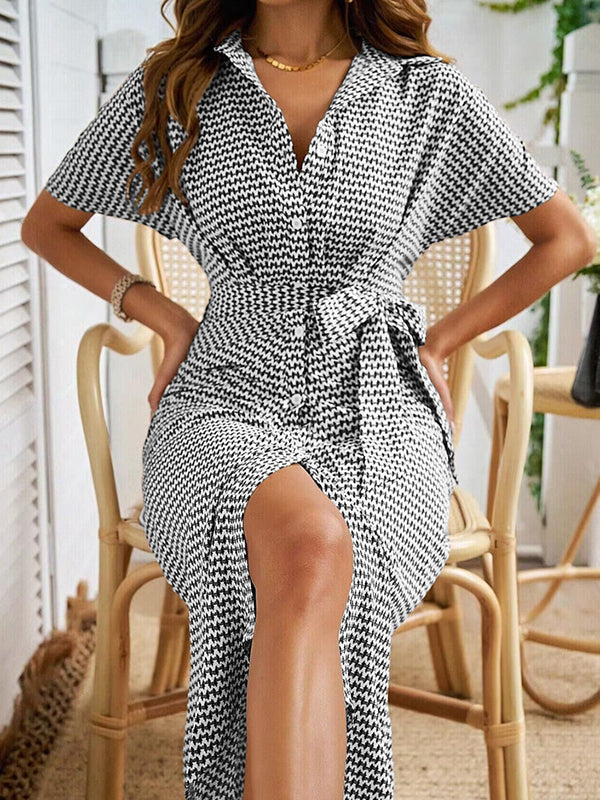Buttoned Contrast Color Tied Waist Bodycon Half Sleeves Lapel Midi Dresses