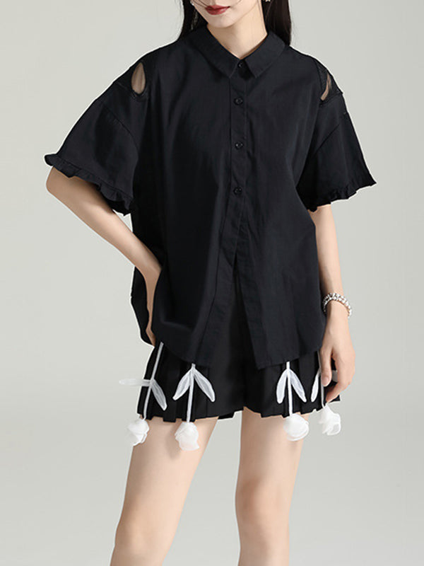 Buttoned Mesh Reversible See-Through Split-back Split-Joint Half Sleeves Loose Lapel Blouses&shirts Tops