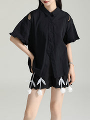 Buttoned Mesh Reversible See-Through Split-back Split-Joint Half Sleeves Loose Lapel Blouses&shirts Tops