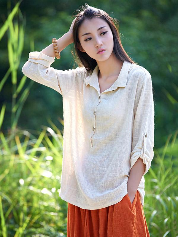 White&Gray&Beige Lapel Ramie Cotton T-shirt