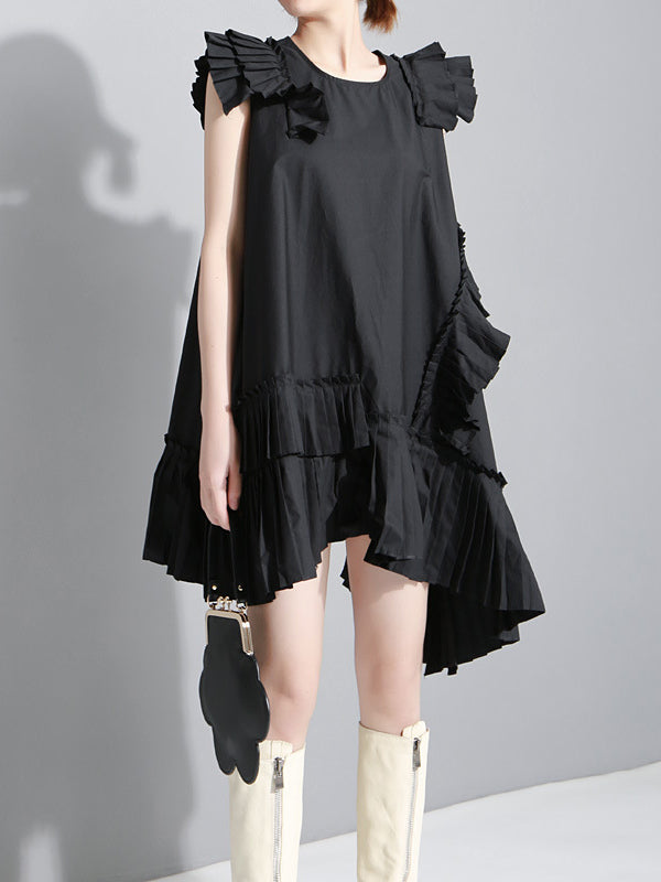 Asymmetric Pleated Solid Color Split-Joint Flying Sleeves Loose Round-Neck Midi Dresses