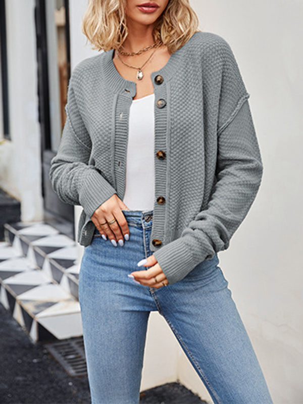 Split-Joint Long Sleeves Loose Round-Neck Cardigan Tops