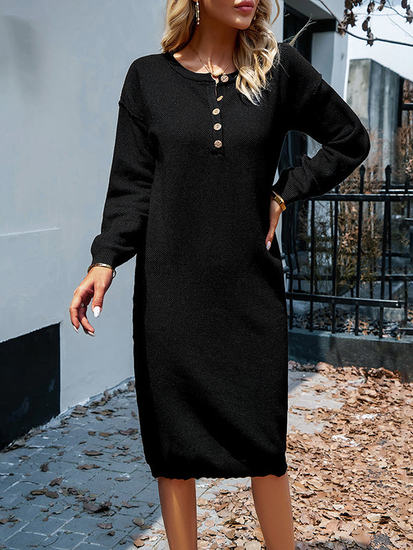 Buttoned Long Sleeves Loose Round-Neck Sweater Dresses Midi Dresses