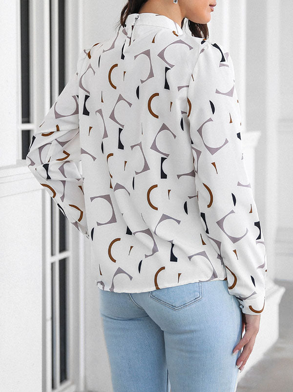 Casual Loose Long Sleeves Contrast Color Printed Stand Collar Blouses&Shirts Tops