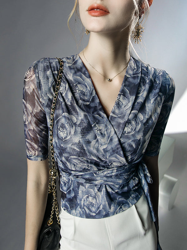 Flower Print Mesh Tied Half Sleeves Plus Size V-Neck Blouses&Shirts Tops