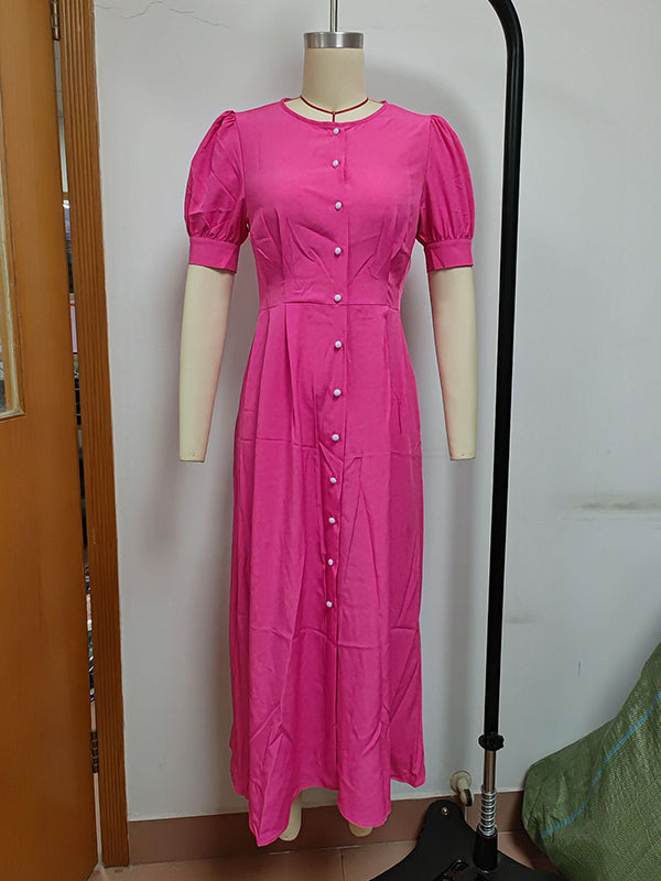 Buttoned Solid Color Puff Sleeves Short Sleeves Round-Neck Shirt Dress Midi Dresses