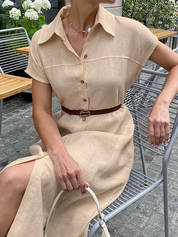 See-Through Split-Joint Tied Waist Loose Raglan Sleeve Lapel Shirt Dress Midi Dresses