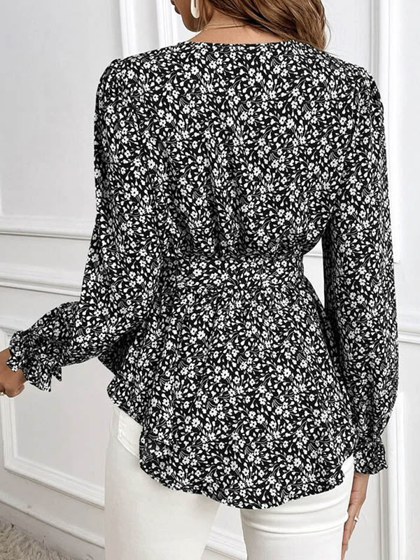 Flower Print Tied Waist Flared Sleeves Long Sleeves V-Neck Blouses&Shirts Tops