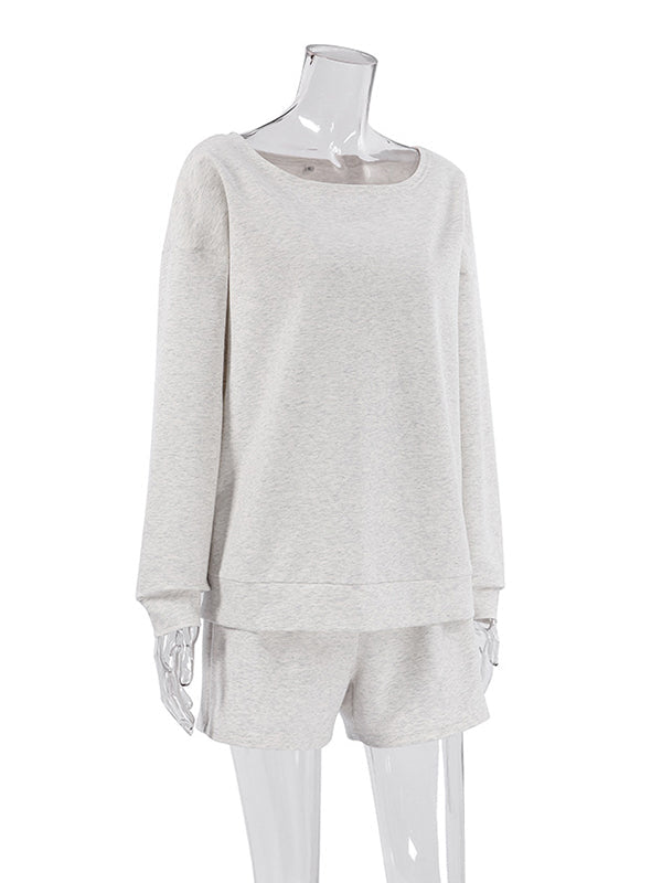 Round-Neck Long Sleeves Loose Elasticity Solid Color Shirts Top + Shorts Bottom Two Pieces Set