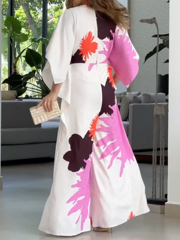 Printed Loose Wide Leg V-neck Jumpsuits