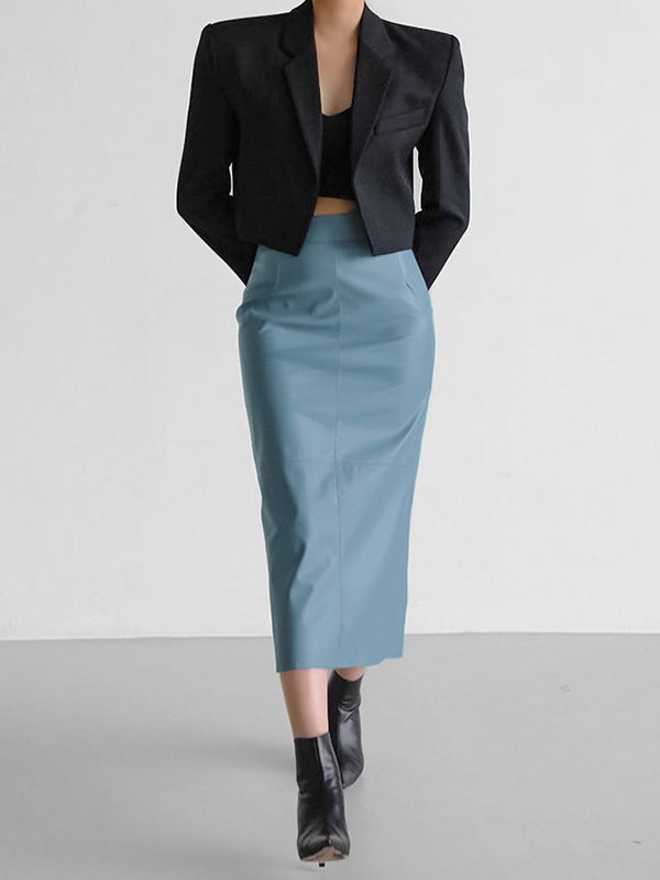 Solid Color Split-Back Split-Joint Skinny PU Skirts